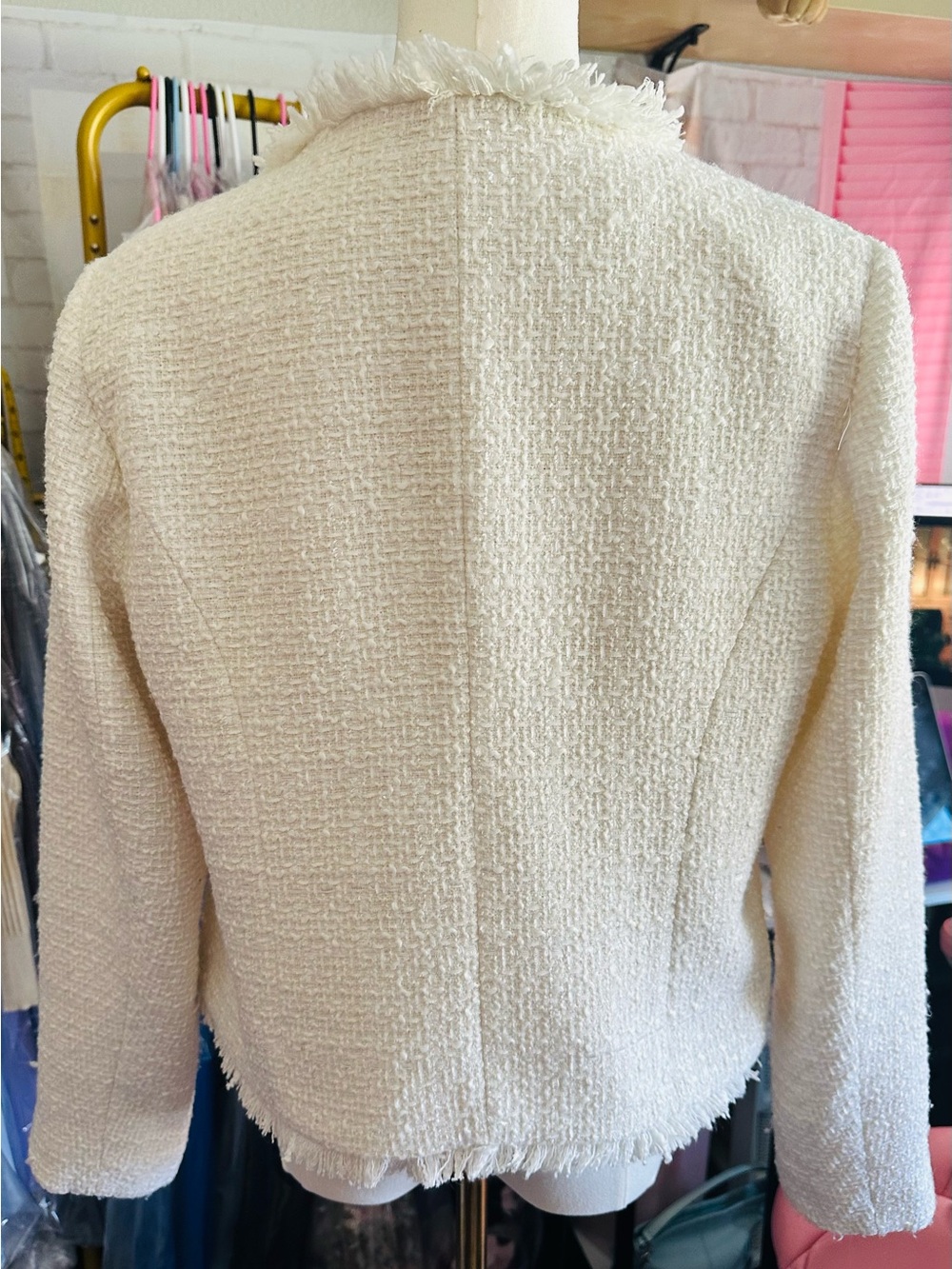 Rachel Zoe Ivory Tweed Fringe Gold Button Blazer - Picture 4 of 12